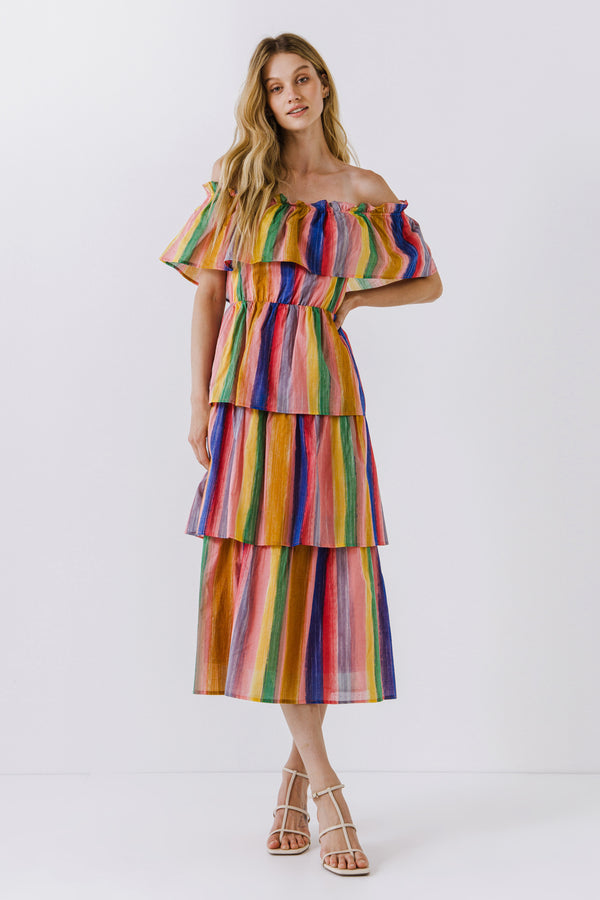 english factory Off-The-Shoulder Multi Striped Dress PINK MULTI