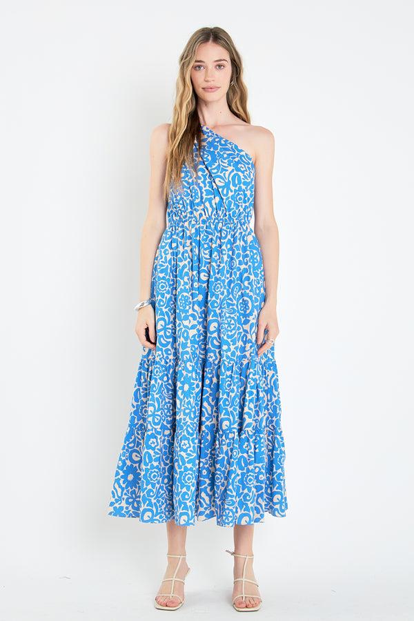 english factory One Shoulder Print Maxi Dress BLUE MULTI