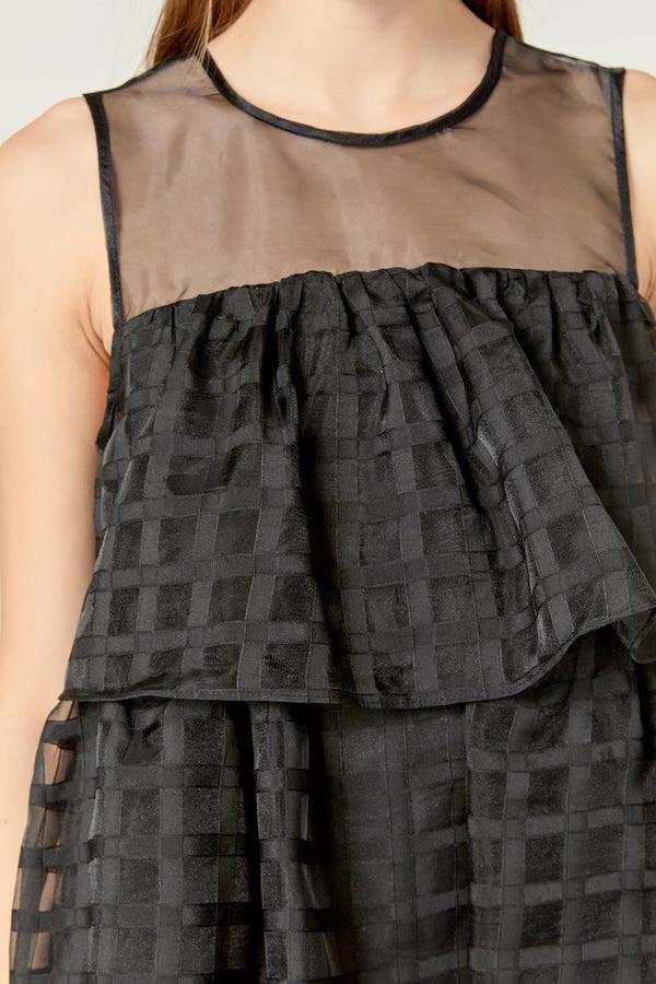 English Factory Organza Gridded Tiered Sleeveless Mini Dress BLACK