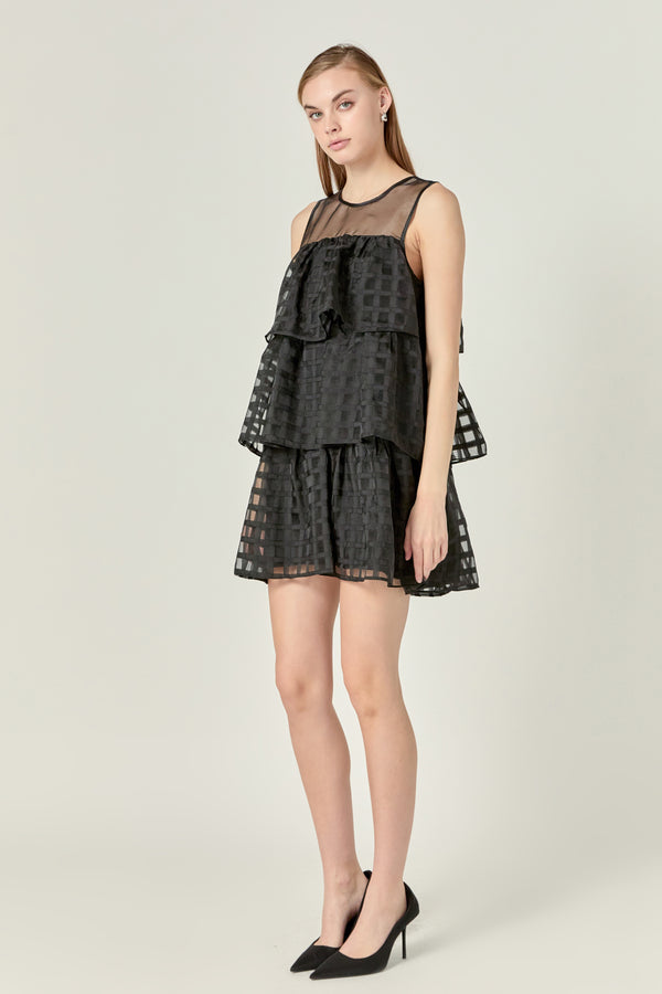 English Factory Organza Gridded Tiered Sleeveless Mini Dress BLACK