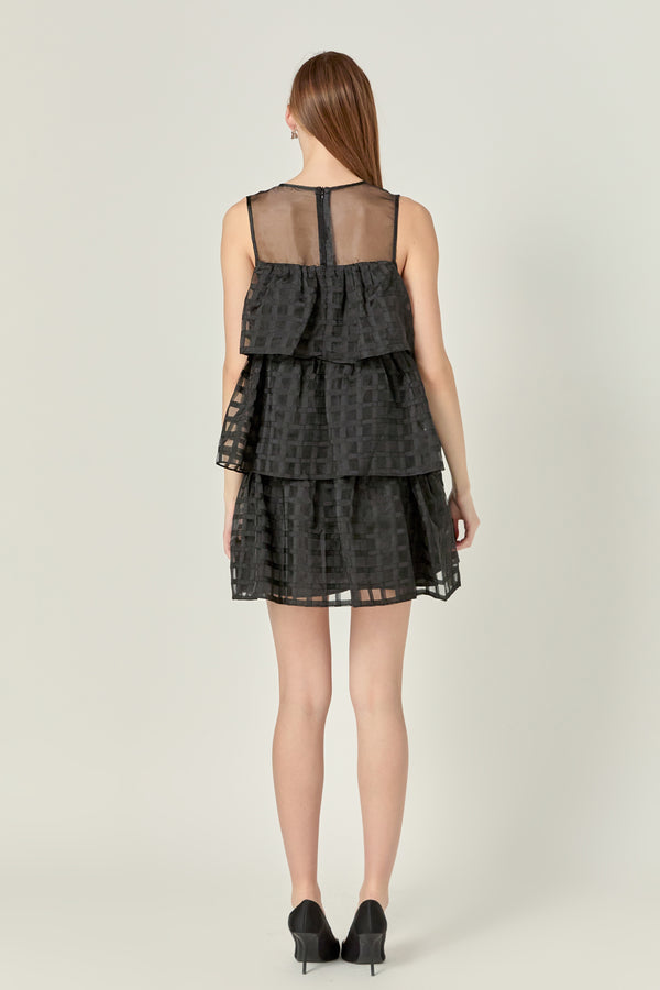 English Factory Organza Gridded Tiered Sleeveless Mini Dress BLACK