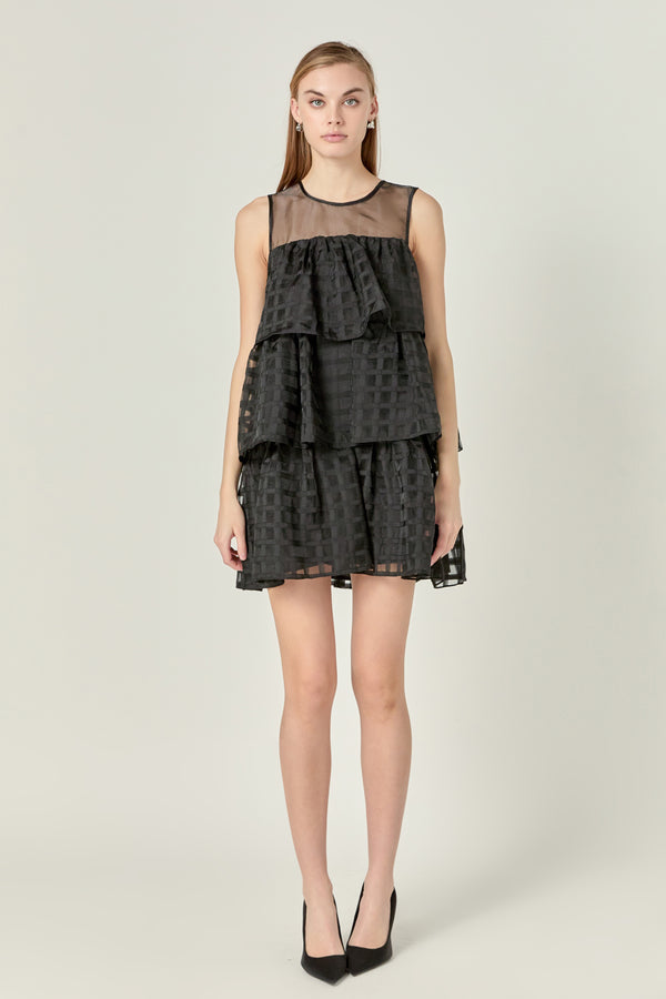 english factory Organza Gridded Tiered Sleeveless Mini Dress BLACK