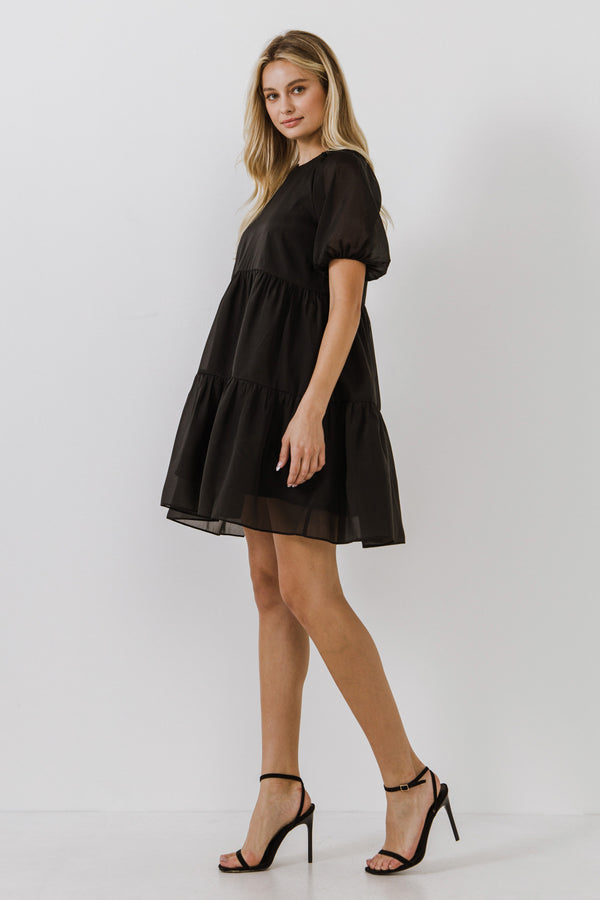 English Factory Organza Puff Sleeve Mini Dress BLACK