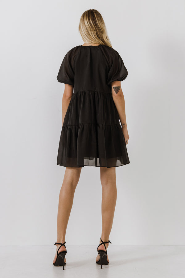 English Factory Organza Puff Sleeve Mini Dress BLACK