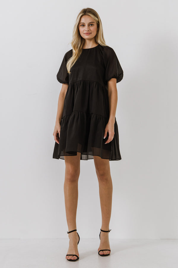 english factory Organza Puff Sleeve Mini Dress BLACK