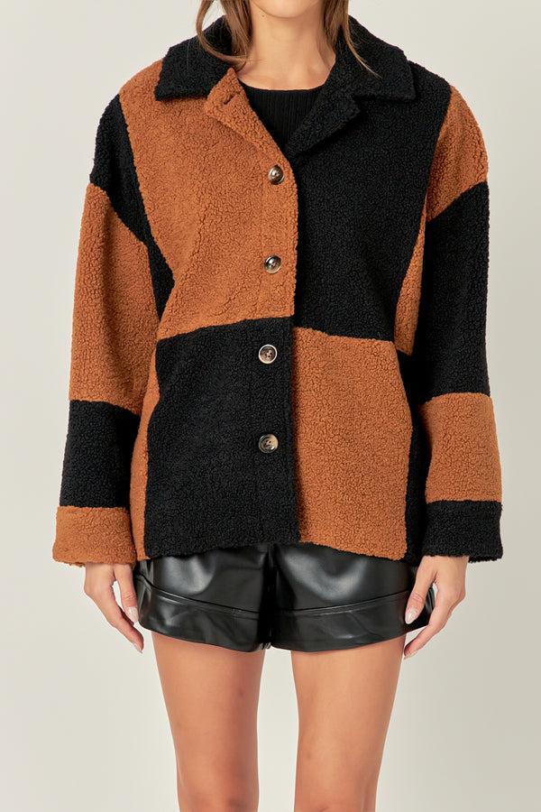 English Factory Oversize Teddy Check Jacket BLACK/CAMEL