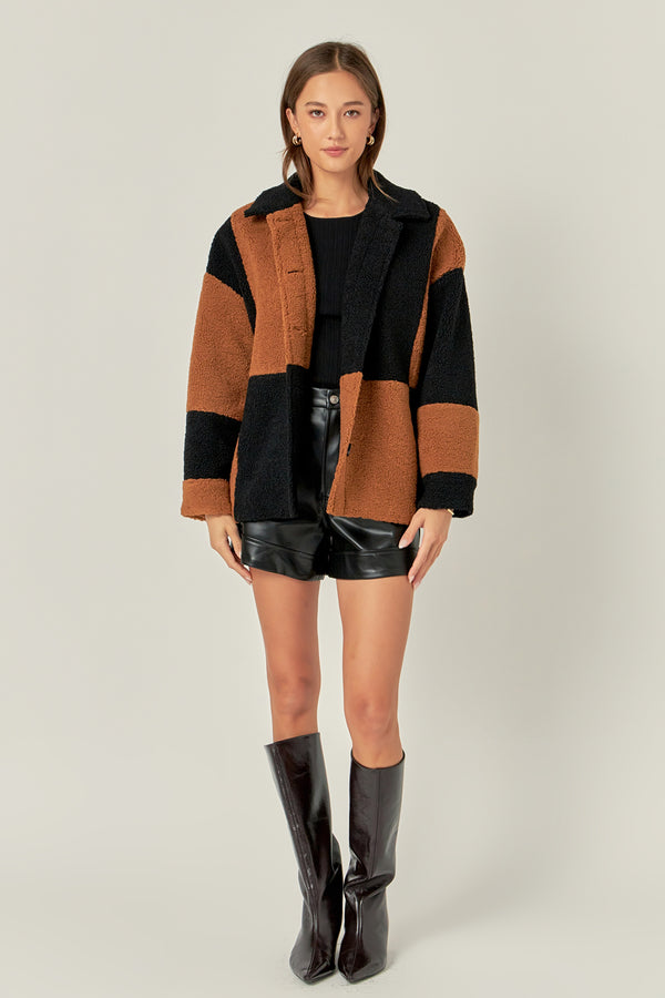 english factory Oversize Teddy Check Jacket BLACK/CAMEL