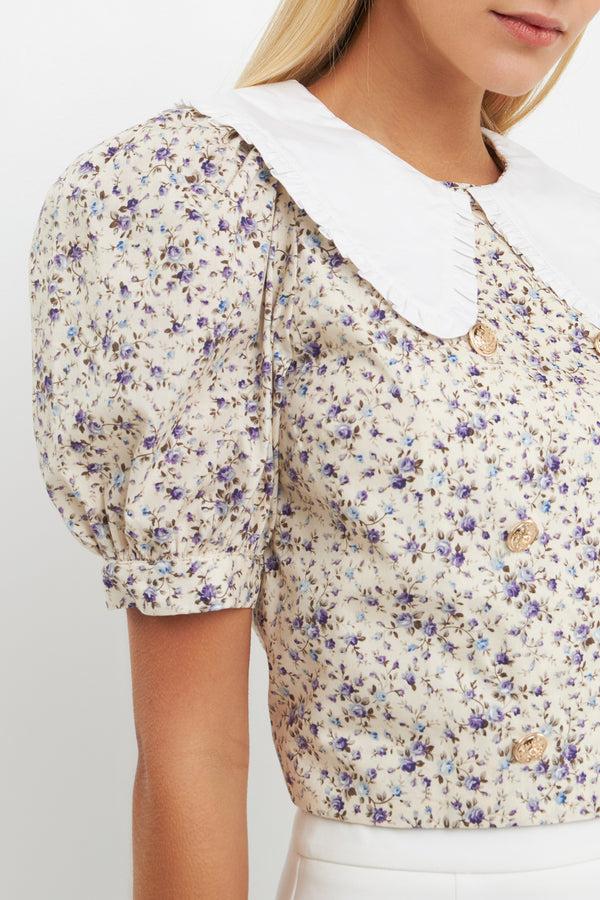 English Factory Oversized Collar Floral Top IVORY MULTI