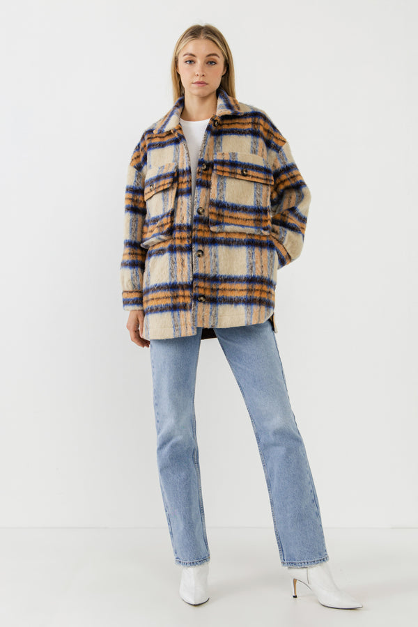english factory Oversized Plaid Shacket with Pockets ORANGE