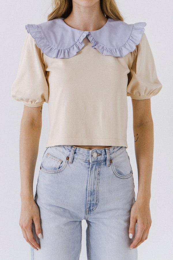 English Factory Oversized Ruffled Collar Knit Top BEIGE