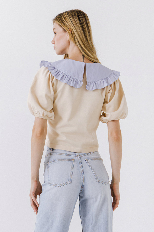 English Factory Oversized Ruffled Collar Knit Top BEIGE