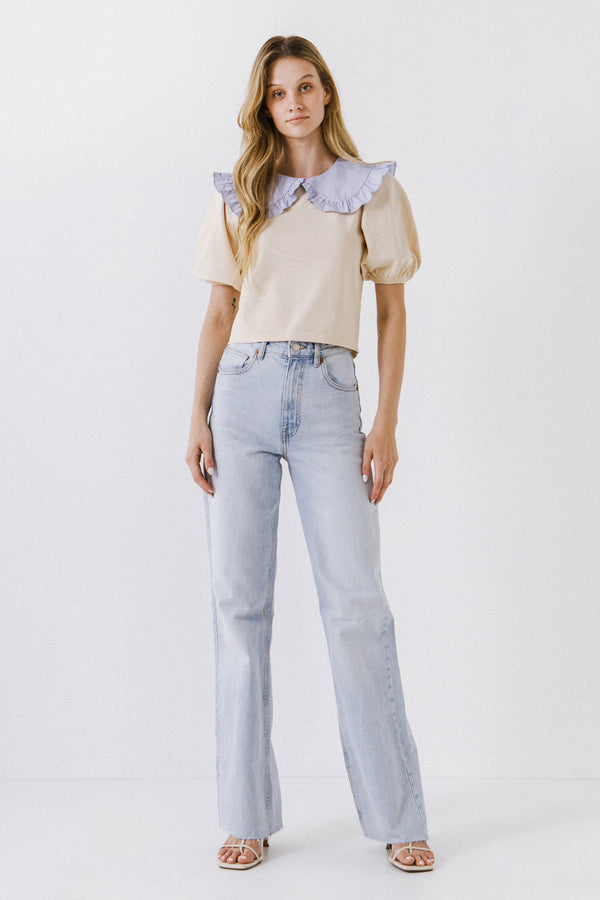 english factory Oversized Ruffled Collar Knit Top BEIGE