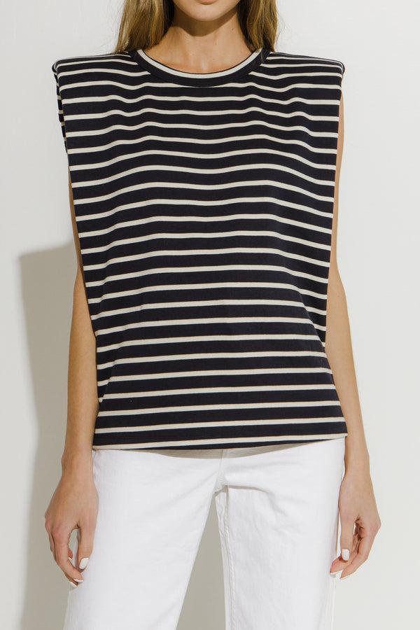 English Factory Padded Shoulder Stripe T-Shirt NAVY WHITE STRIPE