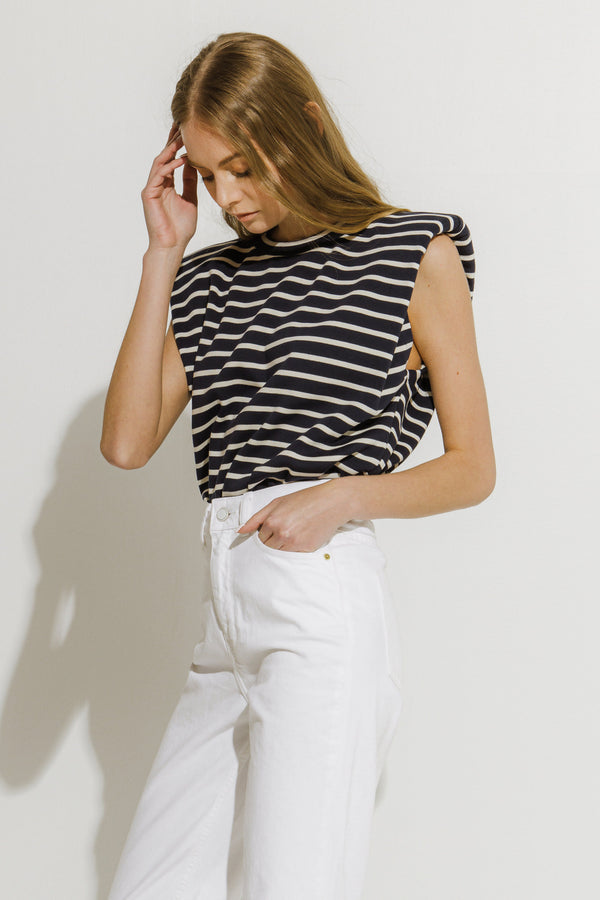 English Factory Padded Shoulder Stripe T-Shirt NAVY WHITE STRIPE