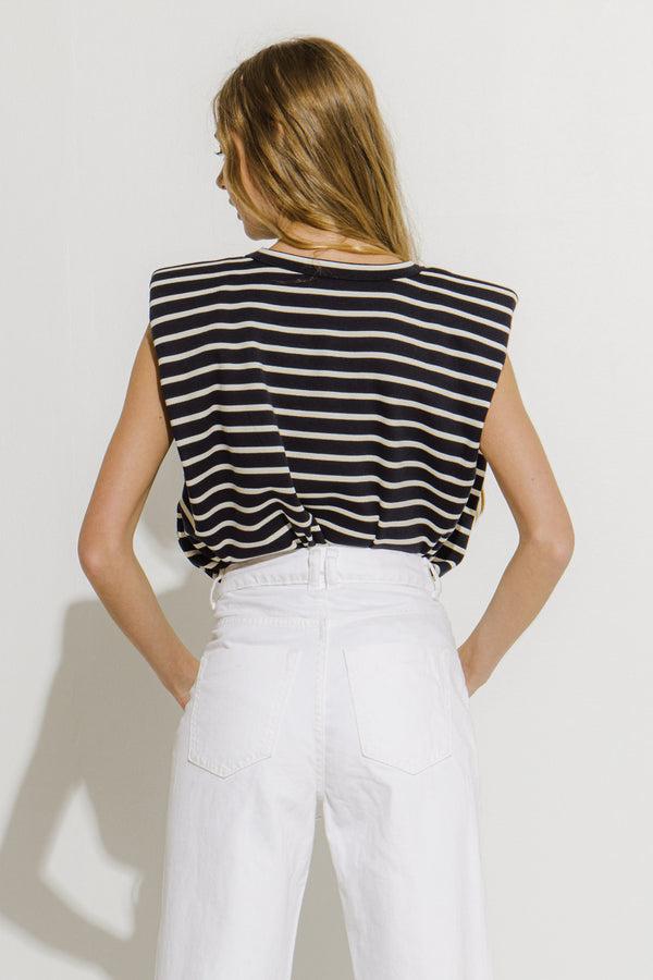 English Factory Padded Shoulder Stripe T-Shirt NAVY WHITE STRIPE