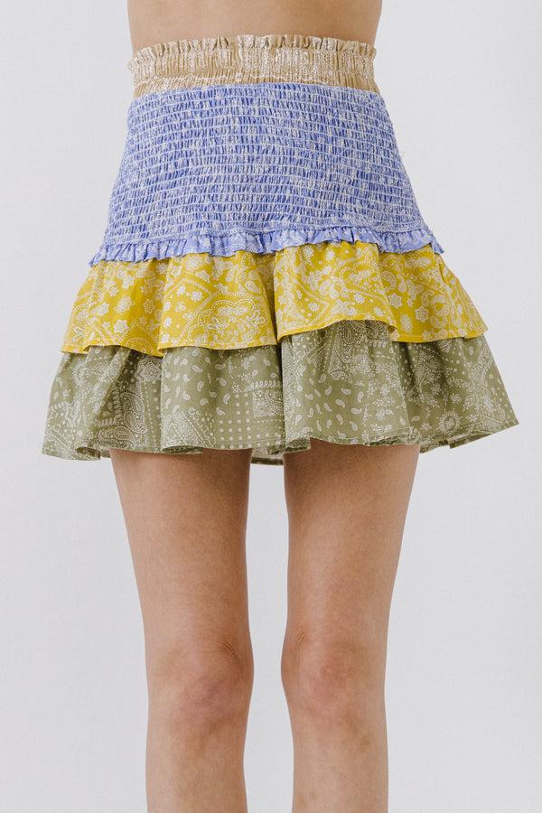 English Factory Paisley Colorblock Ruffled Mini Skirt MULTI
