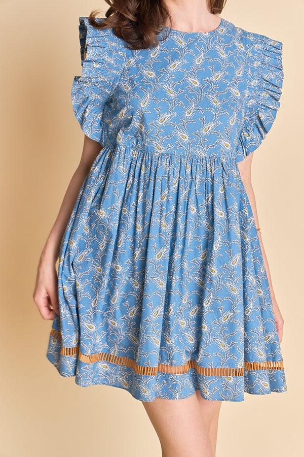English Factory Paisley Print Ruffle Sleeve Mini Dress BLUE MULTI