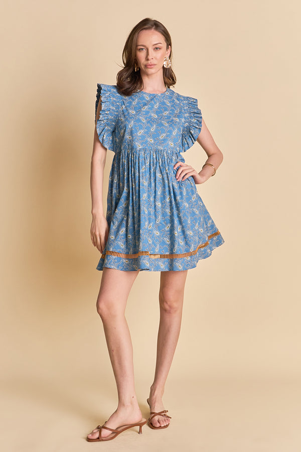 english factory Paisley Print Ruffle Sleeve Mini Dress BLUE MULTI