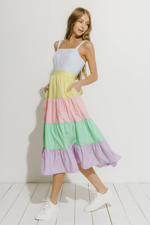 English Factory Pastel Color Block Midi Dress MULTI