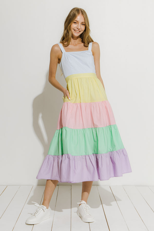 english factory Pastel Color Block Midi Dress MULTI