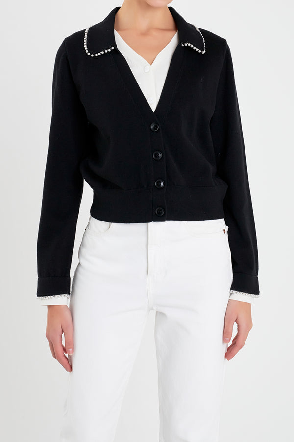 English Factory Pearl Trim Vasity Cardigan BLACK/WHITE