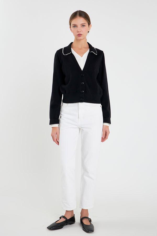 english factory Pearl Trim Vasity Cardigan BLACK/WHITE