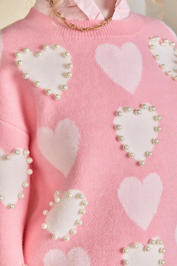 English Factory Pearl With Heart Pattern Sweater LIGHT PINK