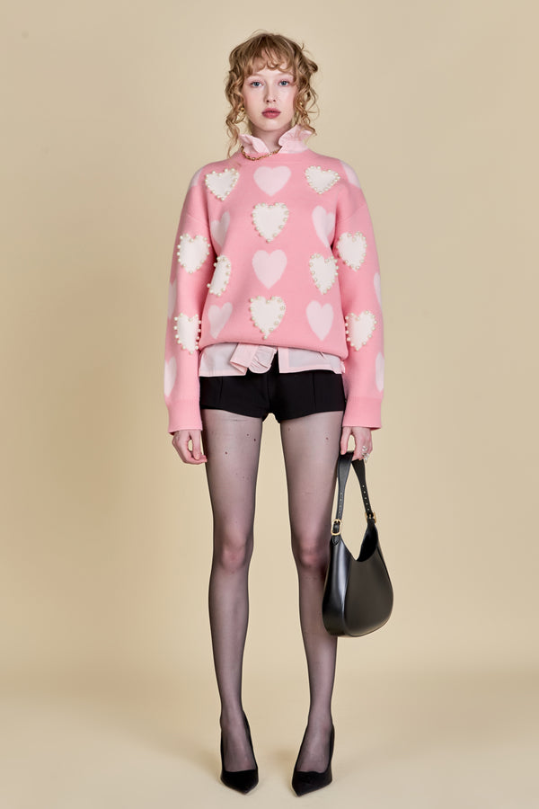 english factory Pearl with Heart Pattern Sweater LIGHT PINK