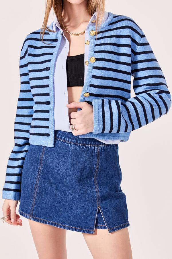English Factory Pepper Knit Sailor Stripe Cropped Sweater Cardigan POWDER BLUE/NAVY