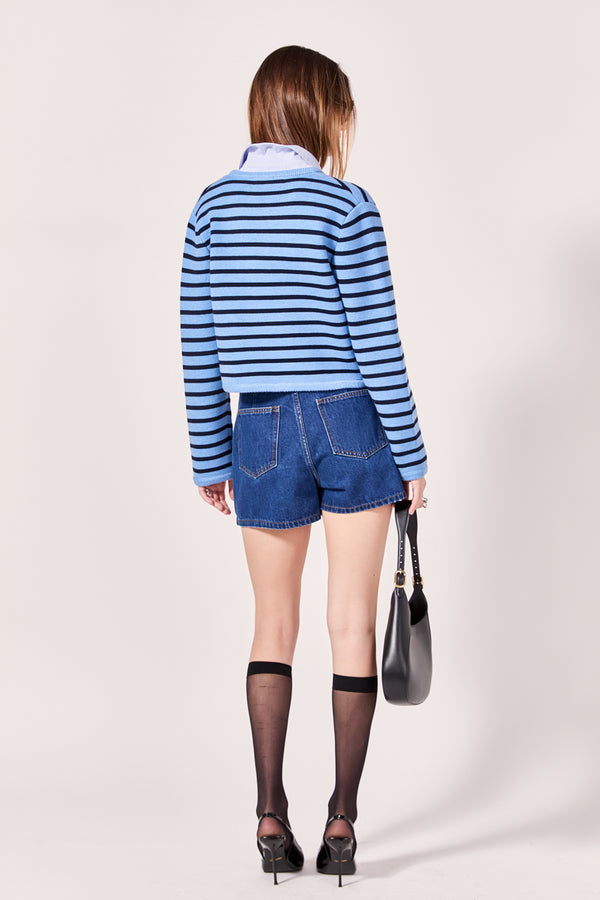 English Factory Pepper Knit Sailor Stripe Cropped Sweater Cardigan POWDER BLUE/NAVY