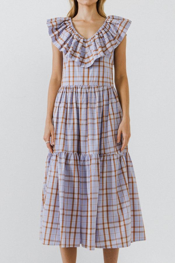 English Factory Plaid Midi Dress With Ruffle Neckline PURPLE