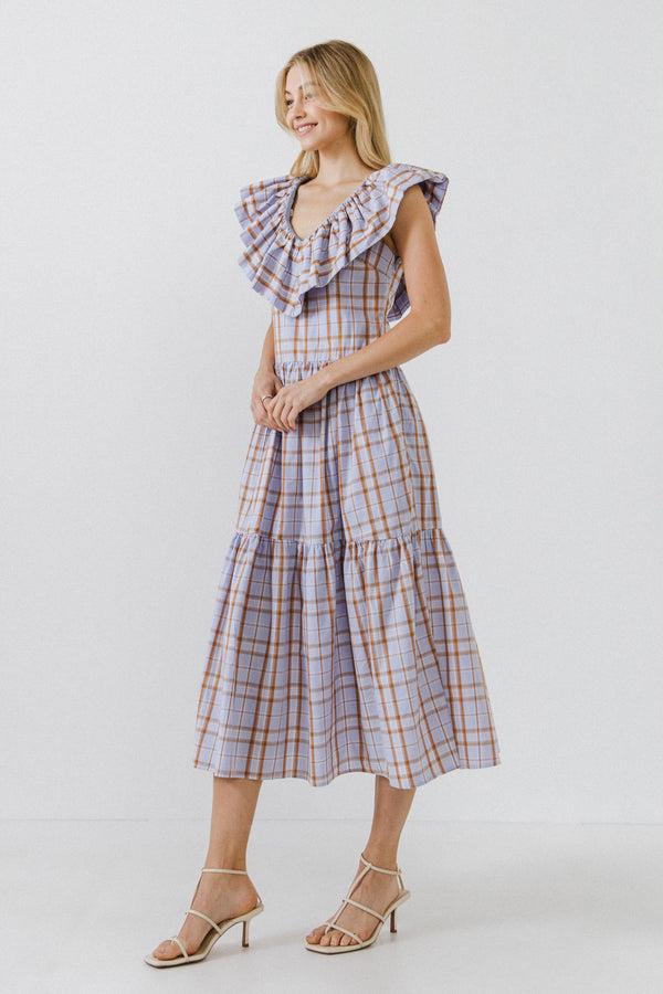 English Factory Plaid Midi Dress With Ruffle Neckline PURPLE