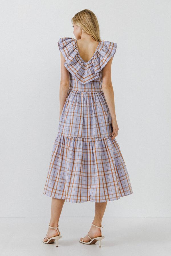 English Factory Plaid Midi Dress With Ruffle Neckline PURPLE