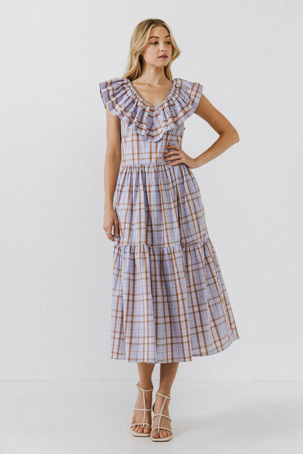 english factory Plaid Midi Dress With Ruffle Neckline PURPLE