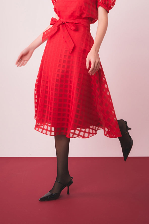 English Factory Plaid Organza Fit & Flare Midi Skirt RED