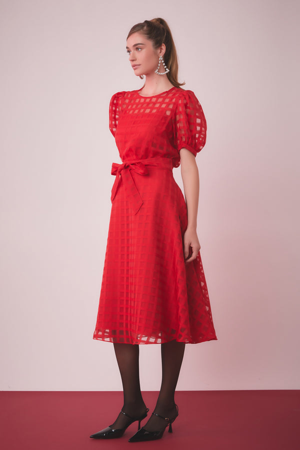 English Factory Plaid Organza Fit & Flare Midi Skirt RED