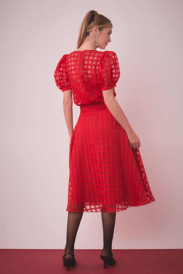 English Factory Plaid Organza Fit & Flare Midi Skirt RED