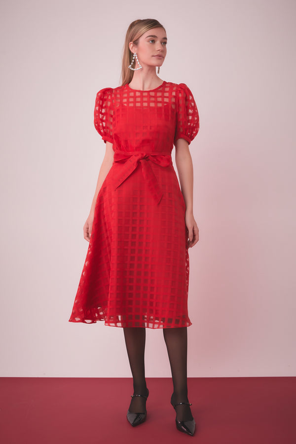 english factory Plaid Organza Fit & Flare Midi Skirt RED