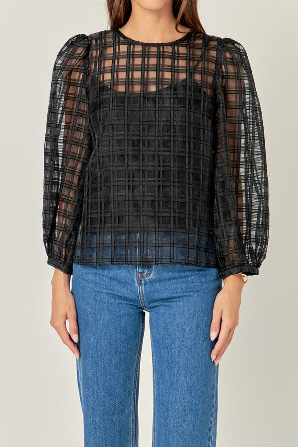 English Factory Plaid Organza Long Sleeve Top BLACK