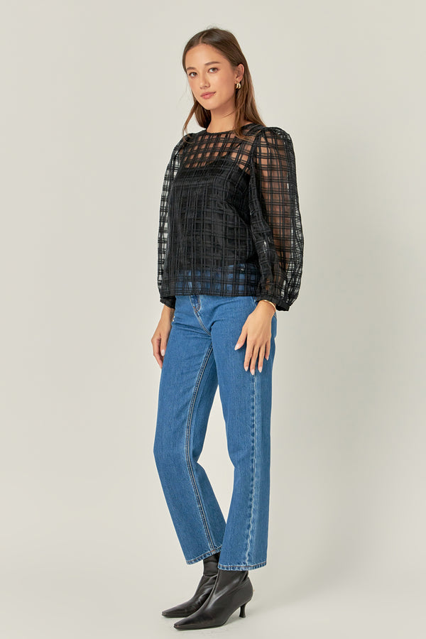 English Factory Plaid Organza Long Sleeve Top BLACK