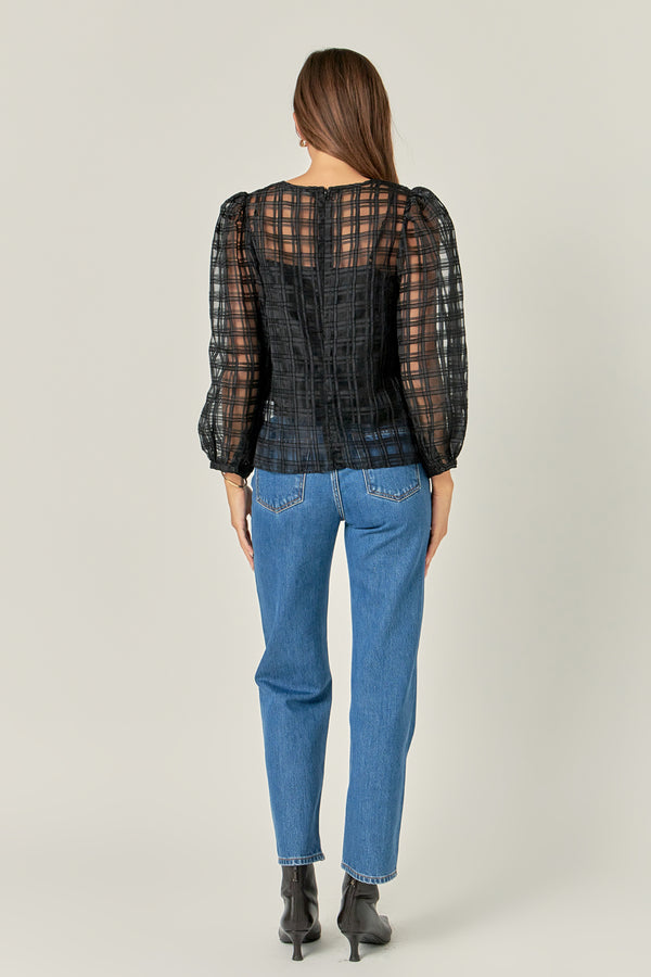 English Factory Plaid Organza Long Sleeve Top BLACK