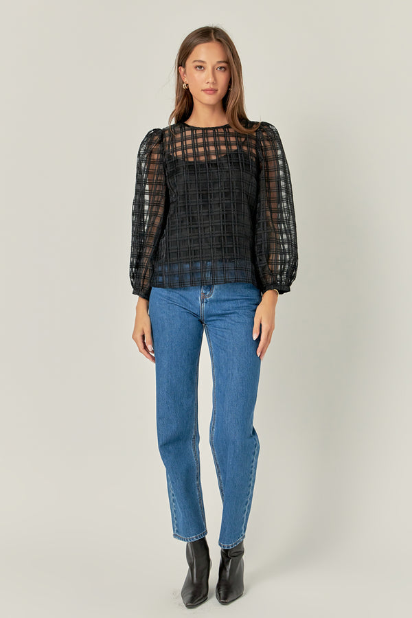 english factory Plaid Organza Long Sleeve Top BLACK