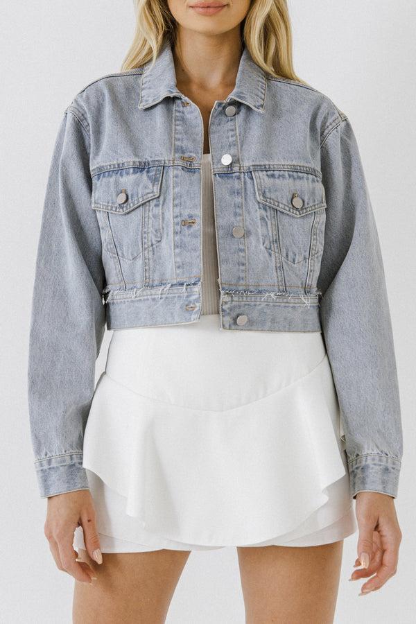 English Factory Plaid Patch With Cropped Denim Jacket DENIM