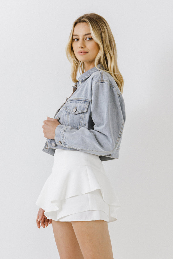 English Factory Plaid Patch With Cropped Denim Jacket DENIM