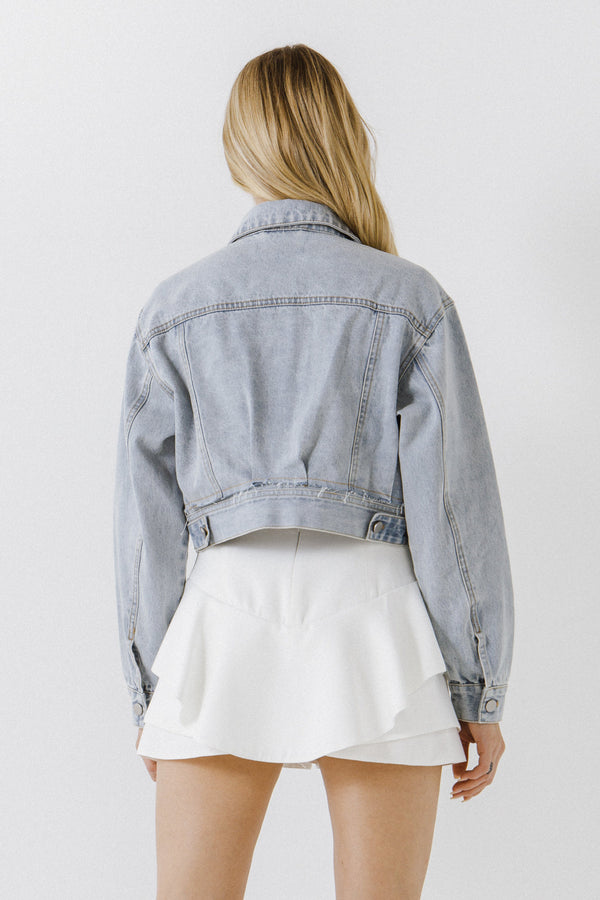 English Factory Plaid Patch With Cropped Denim Jacket DENIM