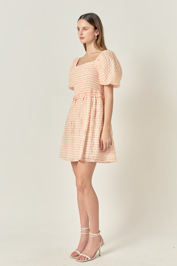 English Factory Plaid Smocked Mini Dress WHITE/CORAL