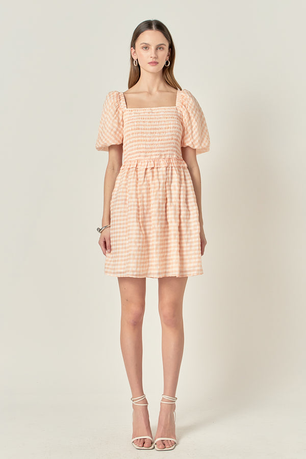 english factory Plaid Smocked Mini Dress WHITE/CORAL
