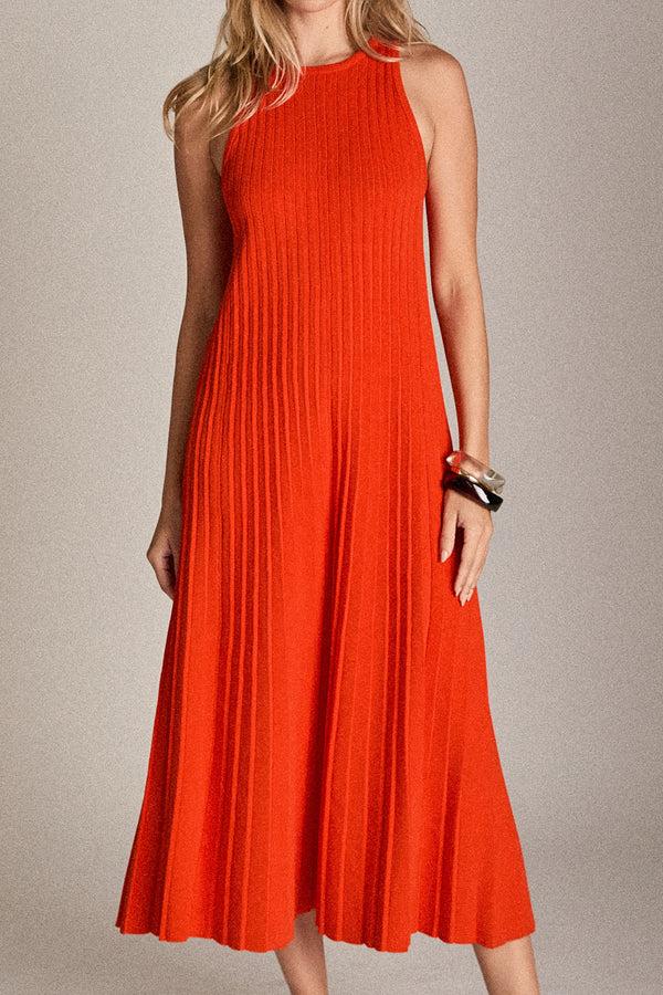 English Factory Pleated A-line Knit Midi Dress ORANGE RED