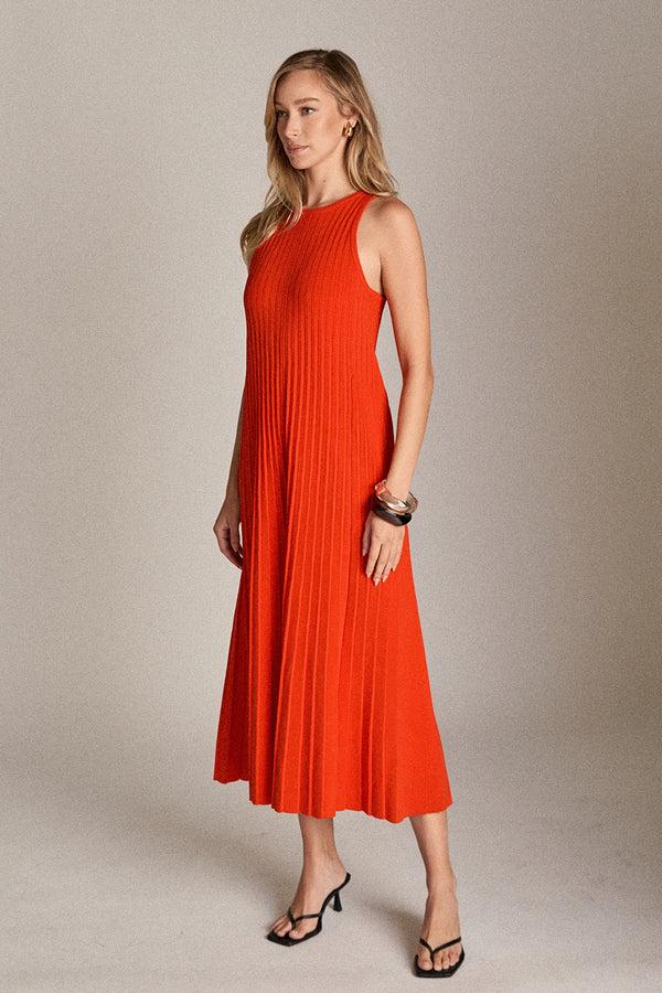 English Factory Pleated A-line Knit Midi Dress ORANGE RED