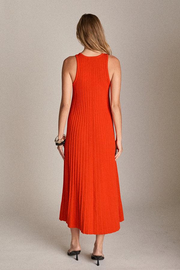English Factory Pleated A-line Knit Midi Dress ORANGE RED